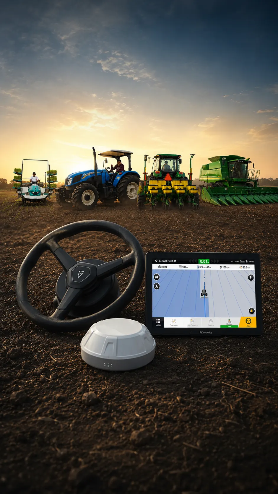 Kit de autoguiado FJ Dynamics: volante eléctrico, antena GNSS y pantalla